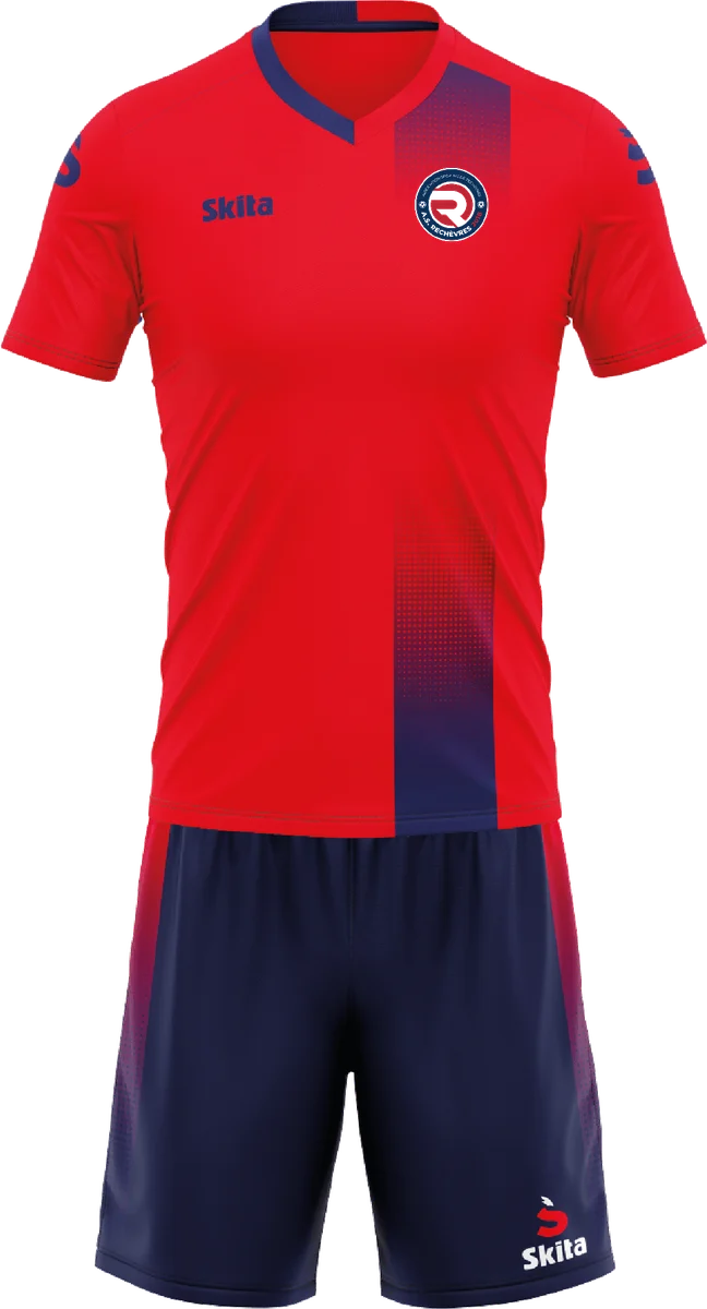 Maillot domicile rouge et marine de l'A.S. Rechèvres, avec l'écusson du club